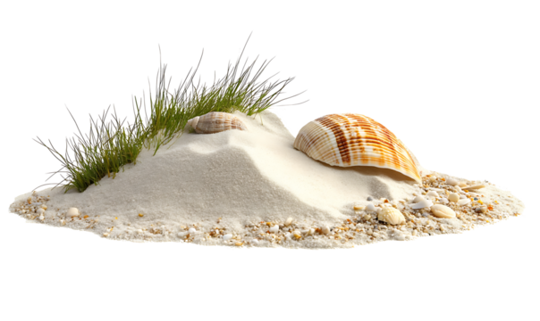 A Sea shell in sand pile isolated on white, side view Transparent PNG,

