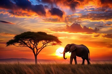 Fototapeta premium Serene Sunset Silhouette of a Lone Elephant by an Acacia Tree in the Savanna