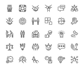 Vector icon set of teamwork employee leadership cooperation and related, human resource growth and success concept, 48x48 pixel perfect editable stroke for website media mobile app development