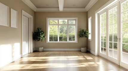 Obraz premium A bright, empty living room with beige walls. 