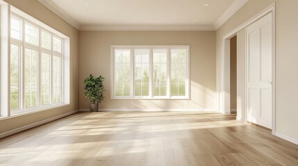 Obraz premium A bright, empty living room with beige walls. 