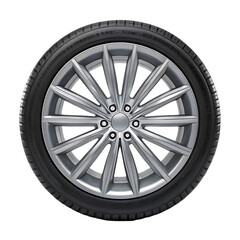 Obraz premium Close up of a silver alloy wheel with a tire.