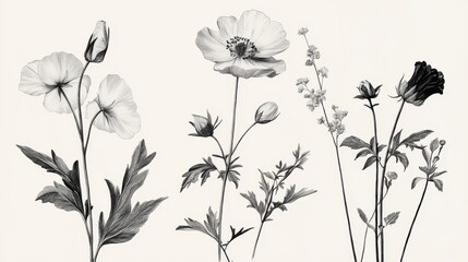 refined botanical illustration set, graceful wildflower sketches, artistic floral studies, gentle graphite drawings, pristine detailed linework, sophisticated minimalist design, romantic botanical