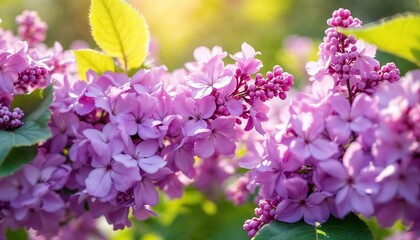 Obraz premium Blooming Lilac Flowers in Spring Garden with Sunlight and Green Leaves