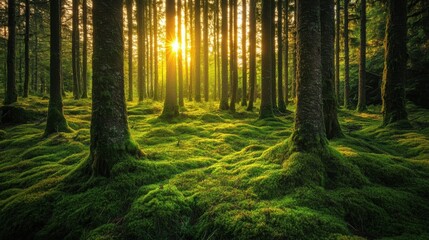 Fototapeta premium Serene Sunlight Through Trees in Lush Green Forest Environment