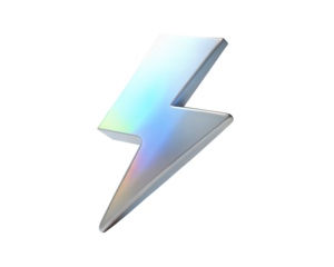 A sleek holographic 3D lightning bolt symbolizing energy, power, electricity, and dynamic force, isolated on white background.