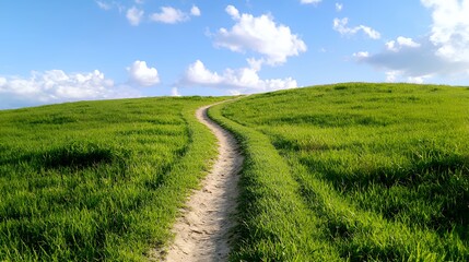 Obraz premium Walking Trail Through Grassy Hill Under a Bright Blue Sky Day