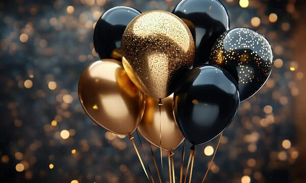 A festive arrangement of black and gold balloons with sparkling confetti in a celebratory setting.
