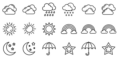 "Weather Icons Set: A Comprehensive Collection of Symbols Representing Sky, Clouds, Rain, Sun, Moon, Stars, and Umbrella"