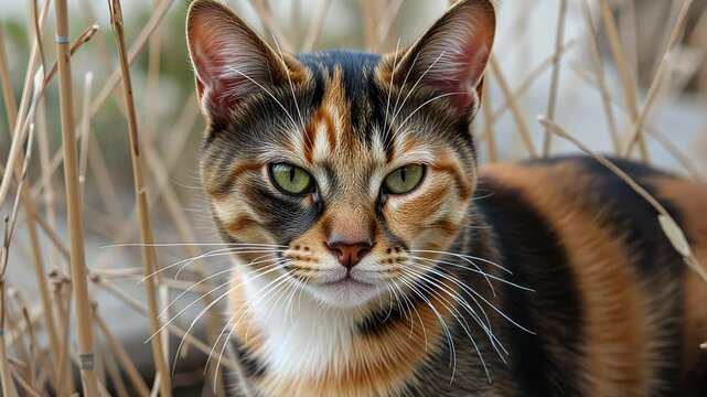  Calico cat amidst tall grass with a mix of orange black and white fur