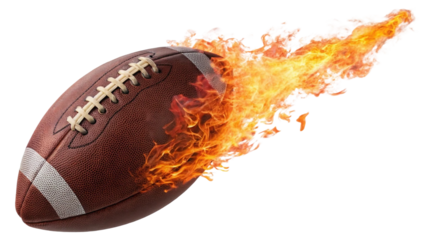 Single American football ball engulfed in roaring flames, soaring through the air with intense motion and energy isolated on white background. Suitable for marketing or business purposes. PNG file