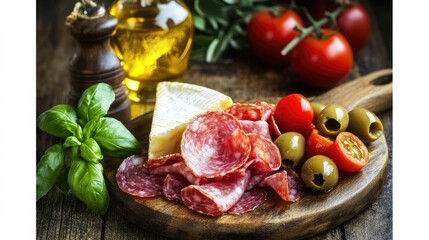 A wooden board with an assortment of cured meats, cheese, olives, and crackers.