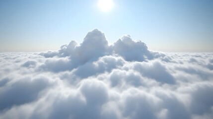 Fototapeta premium Fluffy clouds over height with sun in blue sky above