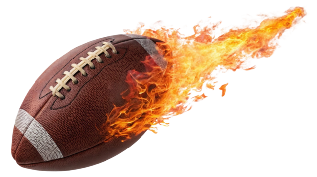 Single American football ball engulfed in roaring flames, soaring through the air with intense motion and energy isolated on white background. Suitable for marketing or business purposes. PNG file - Powered by Adobe