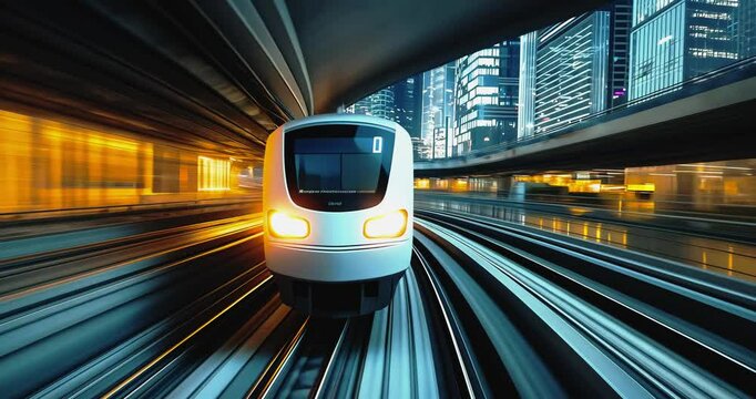 High - speed Train Moving Through Cityscape