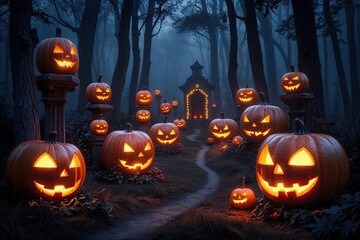 Enchanted Jack-o-Lanterns Glowing in a Mysterious Midnight Forest