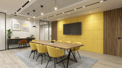 Fototapeta premium Modern Meeting Room with Large Windows and Mustard Yellow Accents