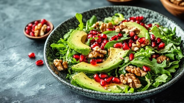 A beautiful salad with avocado, pomegranate seeds, walnuts, and leafy greens.