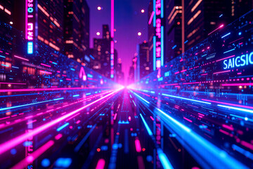Fototapeta premium Neon-Lit Cyberpunk Cityscape with Flowing Data Streams and Holographic Binary Codes 