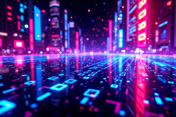 Obraz premium Neon-Lit Cyberpunk Cityscape with Flowing Data Streams and Holographic Binary Codes 