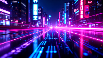 Fototapeta premium Neon-Lit Cyberpunk Cityscape with Flowing Data Streams and Holographic Binary Codes 