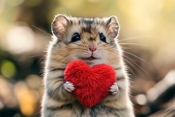 Fototapeta premium Cute hamster baby with fluffy red heart on in a natural habitat. Hamster - my cherished animal. Commercial animal idea creative design idea. Love in the forest. Loving animals. Wild lovebird.