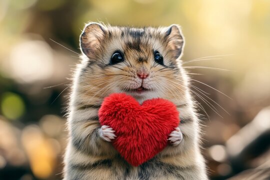 Cute hamster baby with fluffy red heart on in a natural habitat. Hamster - my cherished animal. Commercial animal idea creative design idea. Love in the forest. Loving animals. Wild lovebird.