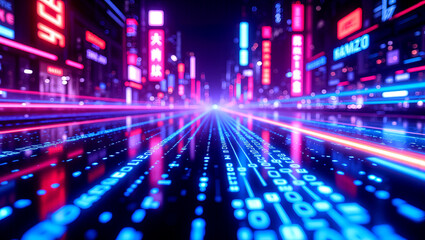 Fototapeta premium Neon-Lit Cyberpunk Cityscape with Flowing Data Streams and Holographic Binary Codes 