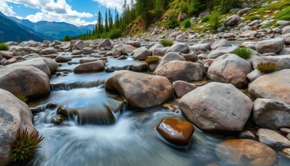 Rocky River Stream Flowing Through Scenic Mountain Landscape with Trees and Sky