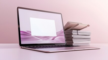 Modern Laptop Mockup with Stack of Books  Pastel Pink Background  Education Concept