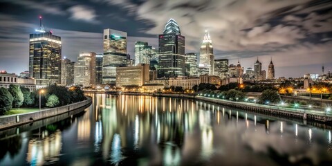 Fototapeta premium Philadelphia Night Skyline Panoramic, Schuylkill River, Cityscape, Pennsylvania, USA, Night Photography, Urban Landscape, Aerial View, City Lights, Dark Sky, Amazing Cityscape, Beautiful Night View