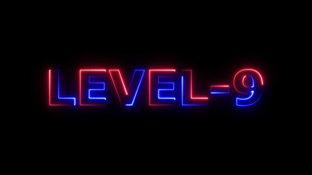 Level Nine text font with glowing neon light.Level Up neon sign tex animation with red and blue color on a black background..