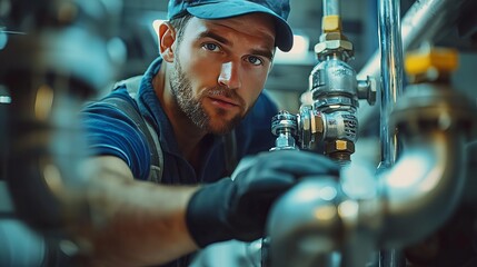 Skilled Technician Working on Industrial Plumbing System with Pipes