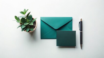 Elegant Flat Lay Mourning Stationery: Blank Notecard, Envelope & Pen on Solid Background