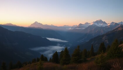 Obraz premium Majestic Mountain Range at Sunset with Alpine Fir Trees and Vibrant Colors