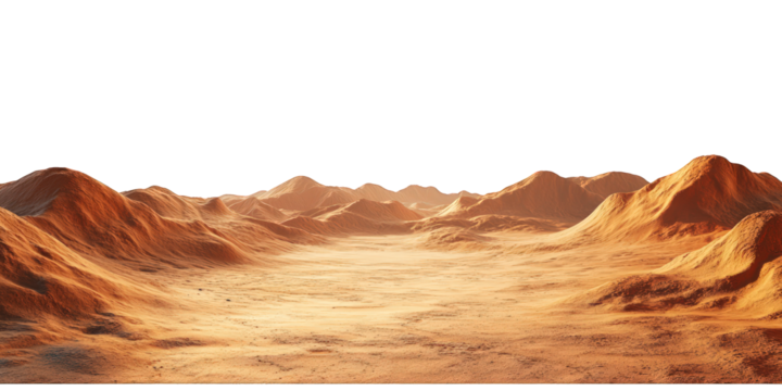 Mars-like desert landscapes with golden orange mountains and sand dunes, cut out. Extraterrestrial terrain visualization for science fiction and space concepts.Dramatic 3D rendered environment with ba