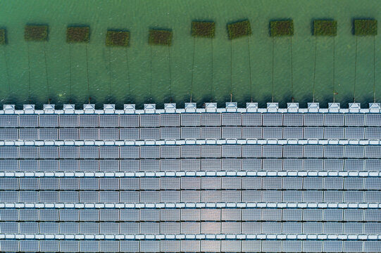 Floating Solar Farm Grid Pattern With Maintenance Walkways Aeria