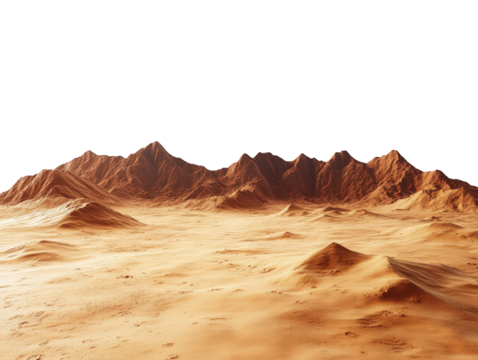 Mars-like desert landscapes with golden orange mountains and sand dunes, cut out. Extraterrestrial terrain visualization for science fiction and space concepts.Dramatic 3D rendered environment with ba