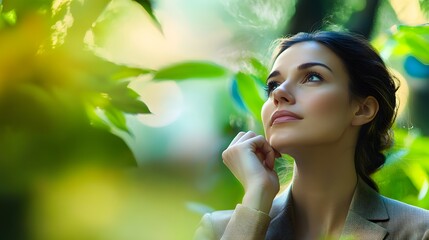 Thoughtful businesswoman contemplating her future amidst nature, lost in deep reflection and personal aspirations