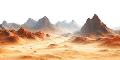 Naklejka premium Mars-like desert landscapes with golden orange mountains and sand dunes, cut out. Extraterrestrial terrain visualization for science fiction and space concepts.Dramatic 3D rendered environment with ba