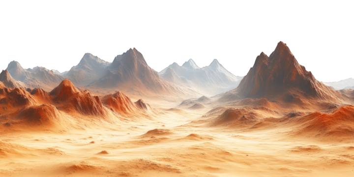 Mars-like desert landscapes with golden orange mountains and sand dunes, cut out. Extraterrestrial terrain visualization for science fiction and space concepts.Dramatic 3D rendered environment with ba