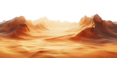 Mars-like desert landscapes with golden orange mountains and sand dunes, cut out. Extraterrestrial terrain visualization for science fiction and space concepts.Dramatic 3D rendered environment with ba