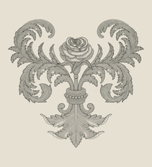 Fototapeta premium Rose flower with floral ornament, Vintage engraving drawing style illustration