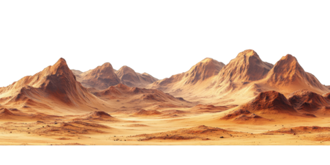 Mars-like desert landscapes with golden orange mountains and sand dunes, cut out. Extraterrestrial terrain visualization for science fiction and space concepts.Dramatic 3D rendered environment with ba