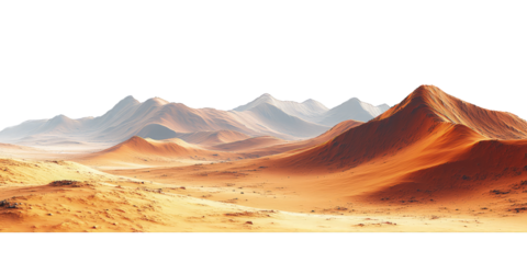 Mars-like desert landscapes with golden orange mountains and sand dunes, cut out. Extraterrestrial terrain visualization for science fiction and space concepts.Dramatic 3D rendered environment with ba