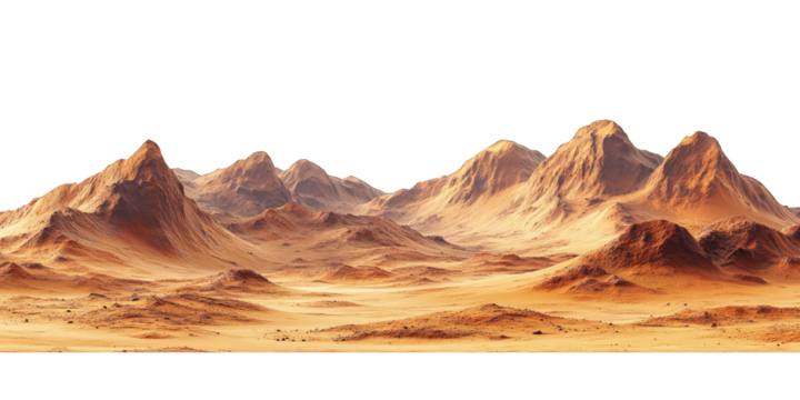 Mars-like desert landscapes with golden orange mountains and sand dunes, cut out. Extraterrestrial terrain visualization for science fiction and space concepts.Dramatic 3D rendered environment with ba