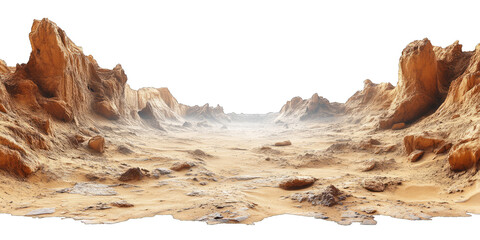 Mars-like desert landscapes with golden orange mountains and sand dunes, cut out. Extraterrestrial terrain visualization for science fiction and space concepts.Dramatic 3D rendered environment with ba