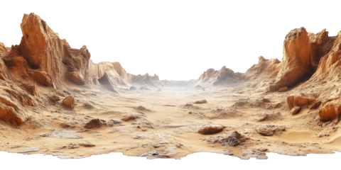 Mars-like desert landscapes with golden orange mountains and sand dunes, cut out. Extraterrestrial terrain visualization for science fiction and space concepts.Dramatic 3D rendered environment with ba