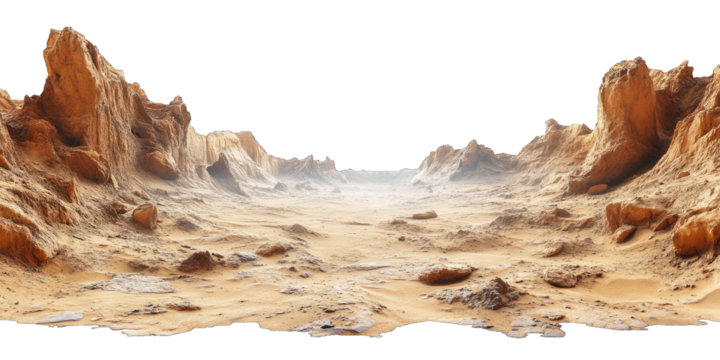 Mars-like desert landscapes with golden orange mountains and sand dunes, cut out. Extraterrestrial terrain visualization for science fiction and space concepts.Dramatic 3D rendered environment with ba