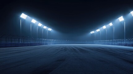 A dramatic night scene of a race track under stadium floodlights, creating a moody atmosphere.